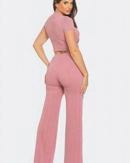 Front Twist Detail Top And Flare Pants Set - ShopEasier