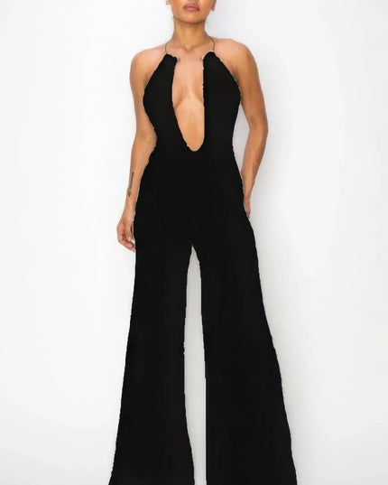 Slinky Wide Leg Jumpsuit W/metal Choker Necklace - ShopEasier