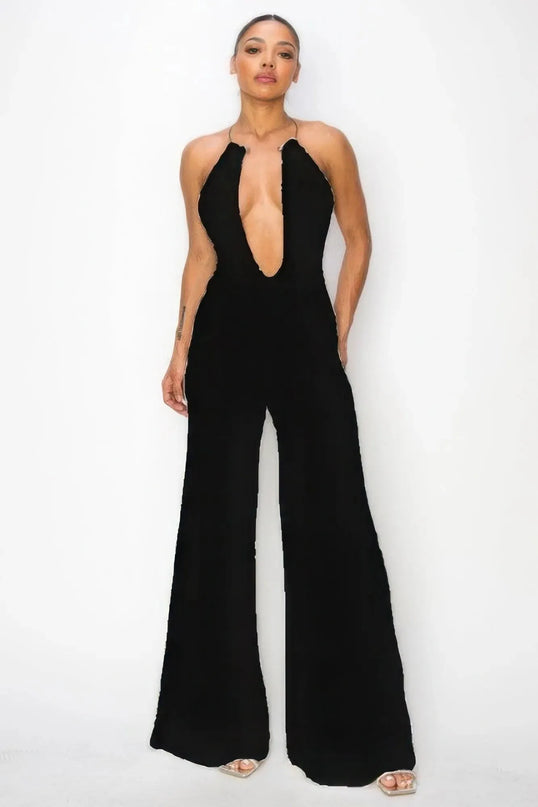 Slinky Wide Leg Jumpsuit W/metal Choker Necklace - ShopEasier