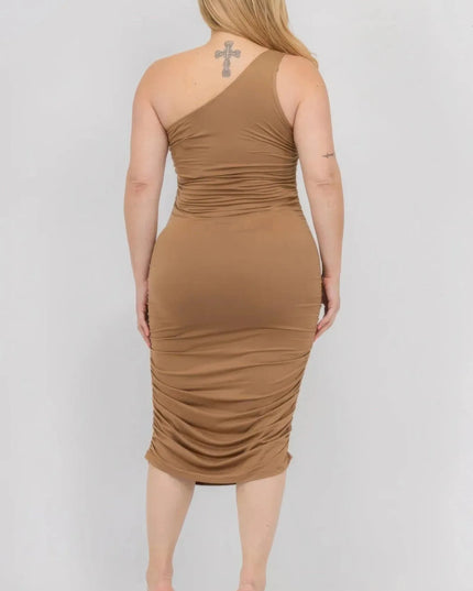 Vestido ajustado midi de un solo hombro con frunces de color sólido sexy de talla grande