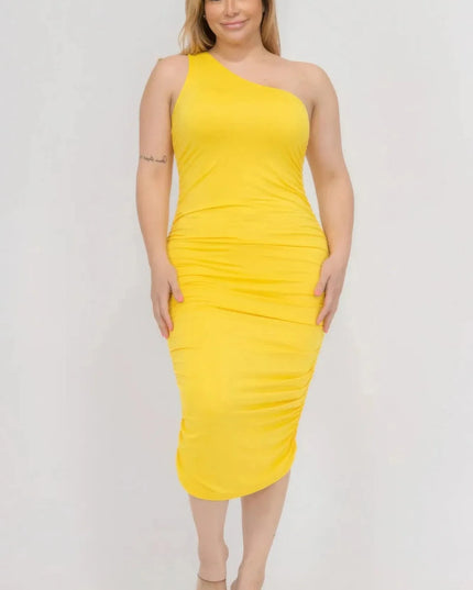 Vestido ajustado midi de un solo hombro con frunces de color sólido sexy de talla grande