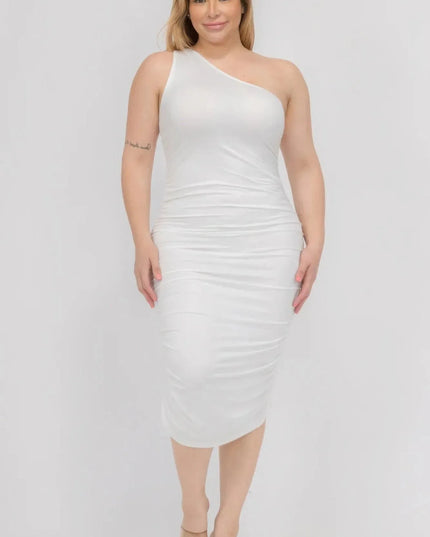 Plus Size Sexy Solid Color Ruched One Shoulder Midi Bodycon Dress