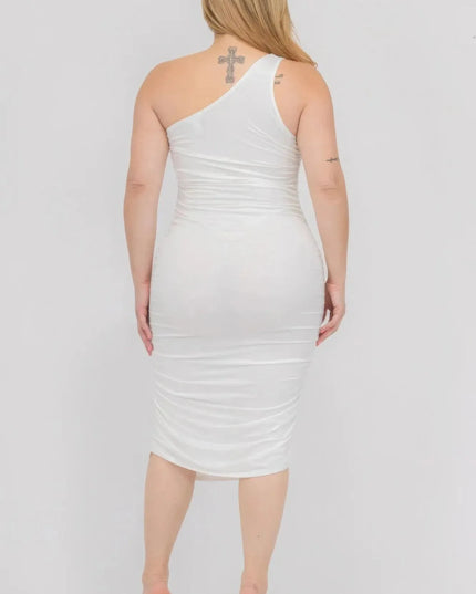 Plus Size Sexy Solid Color Ruched One Shoulder Midi Bodycon Dress