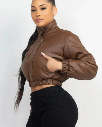 Snap Button Padded Crop Jacket - ShopEasier