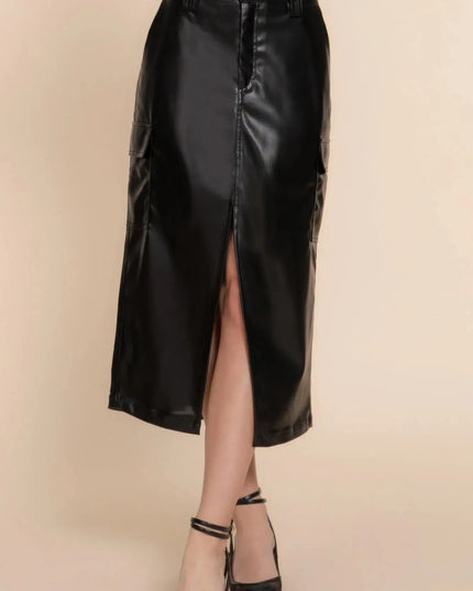 Faux Leather Midi Cargo Skirt - ShopEasier