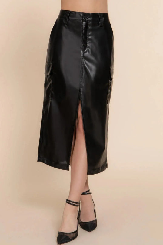 Faux Leather Midi Cargo Skirt - ShopEasier