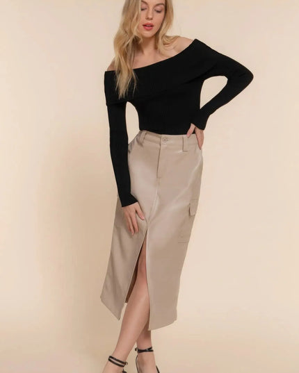 Faux Leather Midi Cargo Skirt - ShopEasier