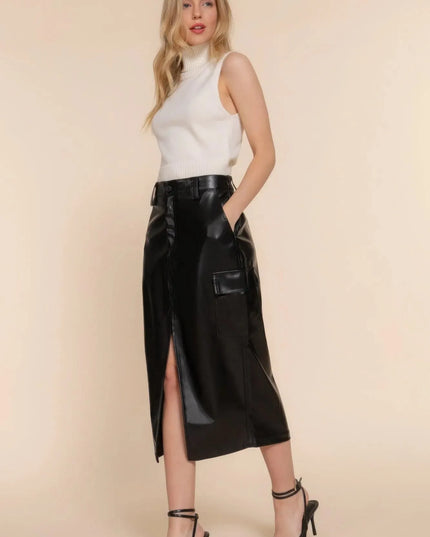 Faux Leather Midi Cargo Skirt - ShopEasier