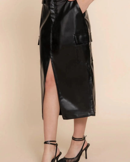 Faux Leather Midi Cargo Skirt - ShopEasier