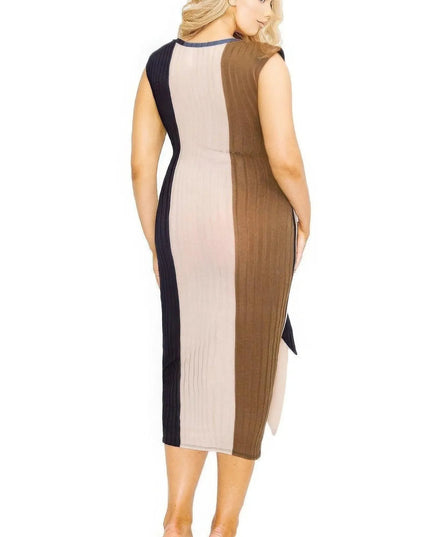 Plus knitted sleeveless colorblock waist tie dress