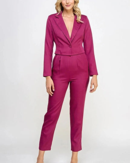 Single Button Crop Blazer With Tailored Pants Set - ShopEasier