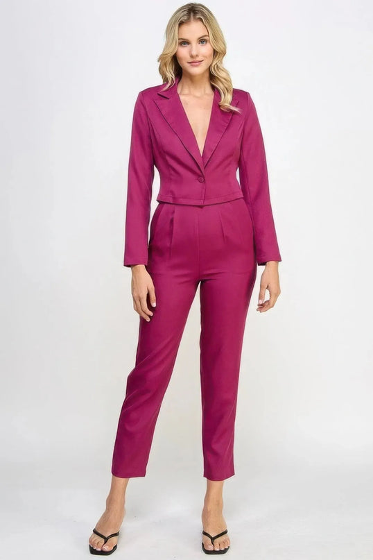 Single Button Crop Blazer With Tailored Pants Set - ShopEasier