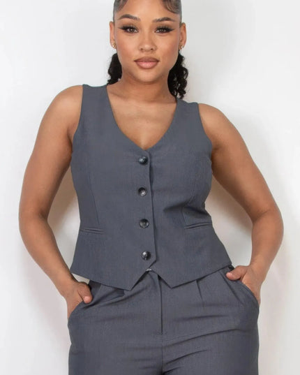 Buttoned Solid V-neck Vest Top