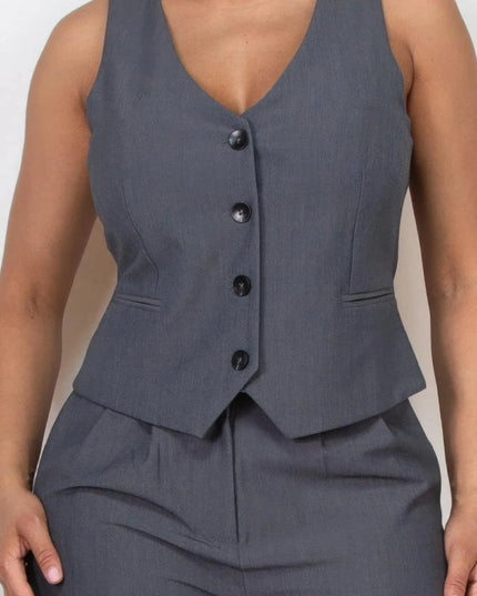 Buttoned Solid V-neck Vest Top