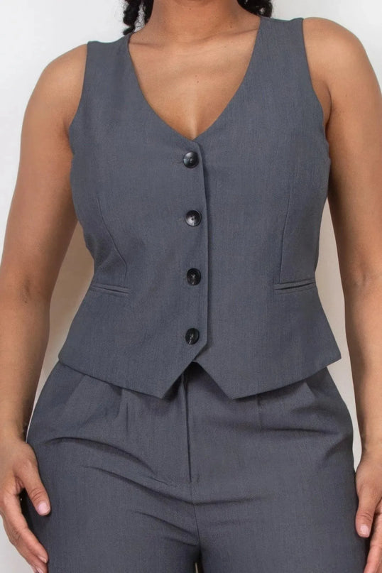 Buttoned Solid V-neck Vest Top