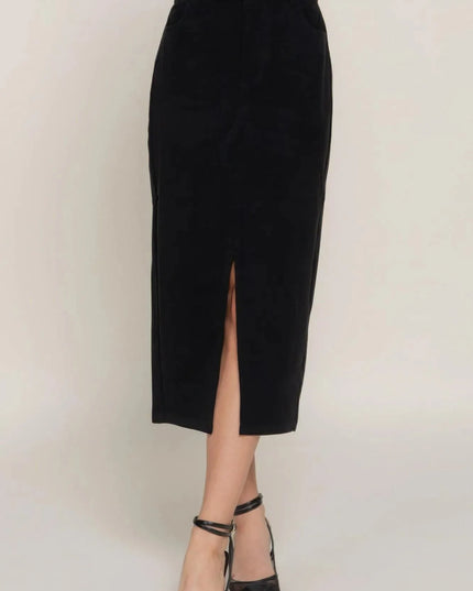 Front Open Slit Corduroy Midi Skirt - ShopEasier