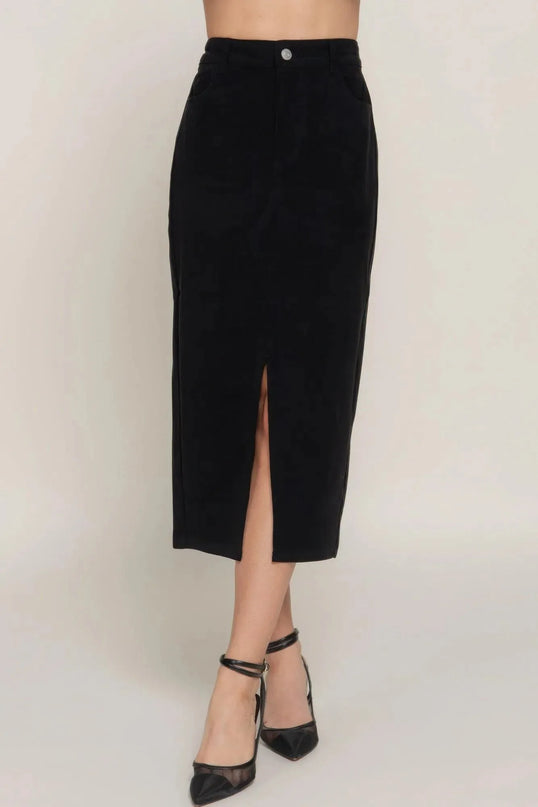 Front Open Slit Corduroy Midi Skirt - ShopEasier