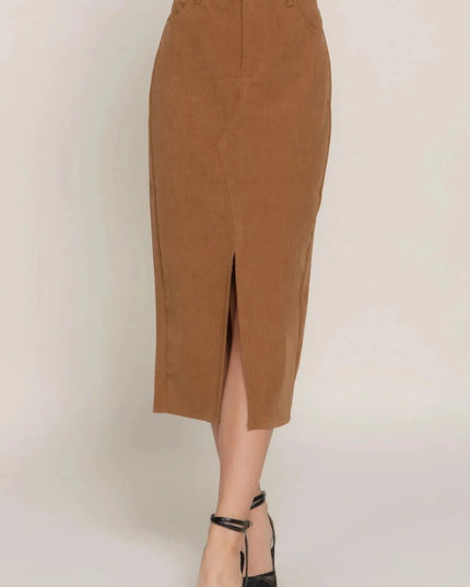 Front Open Slit Corduroy Midi Skirt - ShopEasier