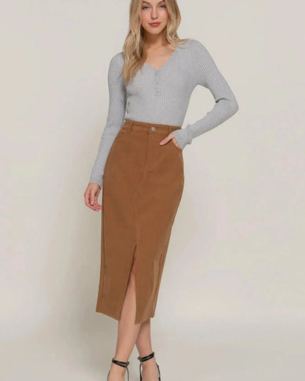 Front Open Slit Corduroy Midi Skirt - ShopEasier