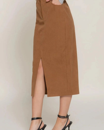 Front Open Slit Corduroy Midi Skirt - ShopEasier