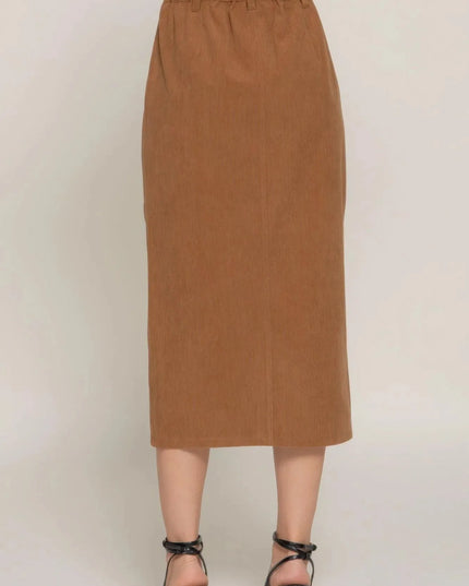 Front Open Slit Corduroy Midi Skirt - ShopEasier