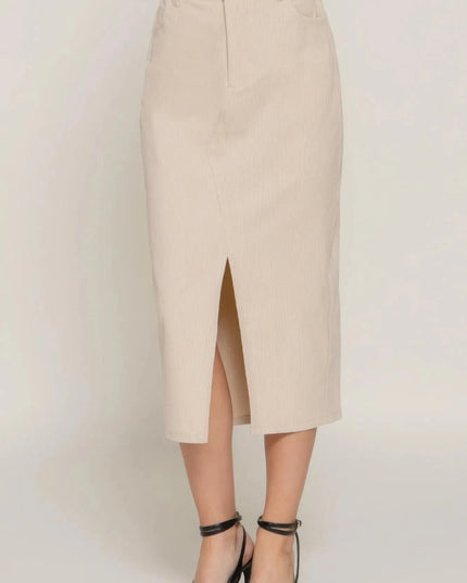 Front Open Slit Corduroy Midi Skirt - ShopEasier