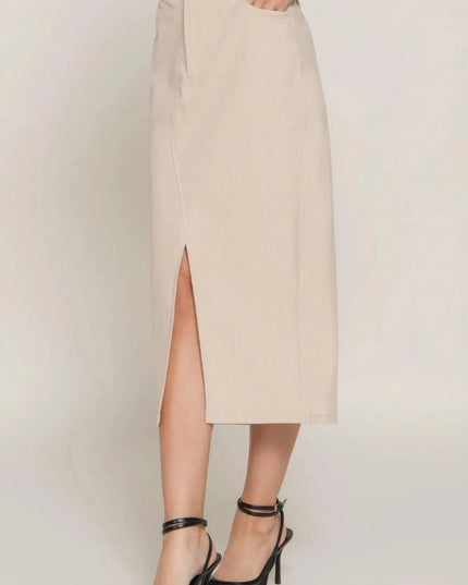 Front Open Slit Corduroy Midi Skirt - ShopEasier