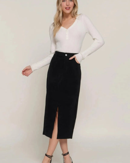 Front Open Slit Corduroy Midi Skirt - ShopEasier