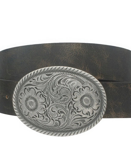 Flower Embossed Oval Buckle Vintage Strap Belt - ShopEasier