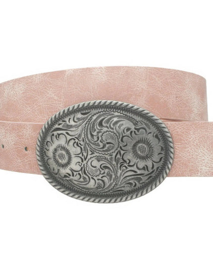 Flower Embossed Oval Buckle Vintage Strap Belt - ShopEasier