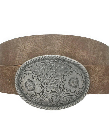 Flower Embossed Oval Buckle Vintage Strap Belt - ShopEasier