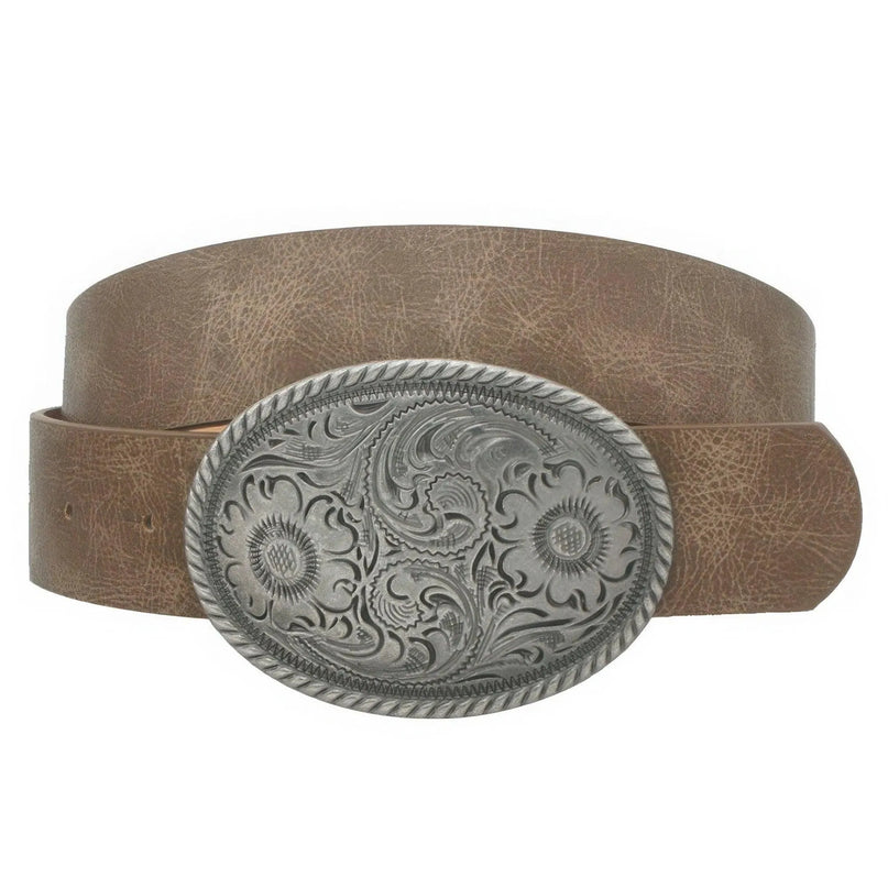 Flower Embossed Oval Buckle Vintage Strap Belt - ShopEasier