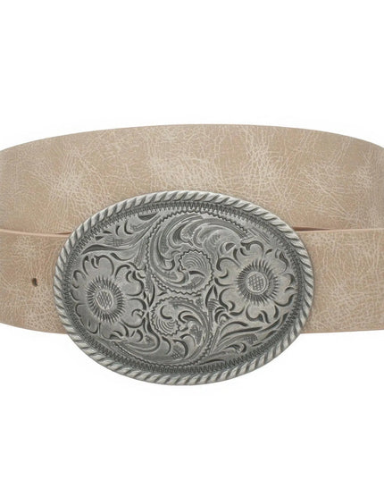 Flower Embossed Oval Buckle Vintage Strap Belt - ShopEasier