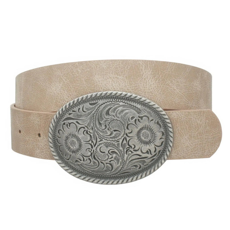 Flower Embossed Oval Buckle Vintage Strap Belt - ShopEasier