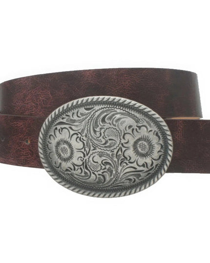 Flower Embossed Oval Buckle Vintage Strap Belt - ShopEasier