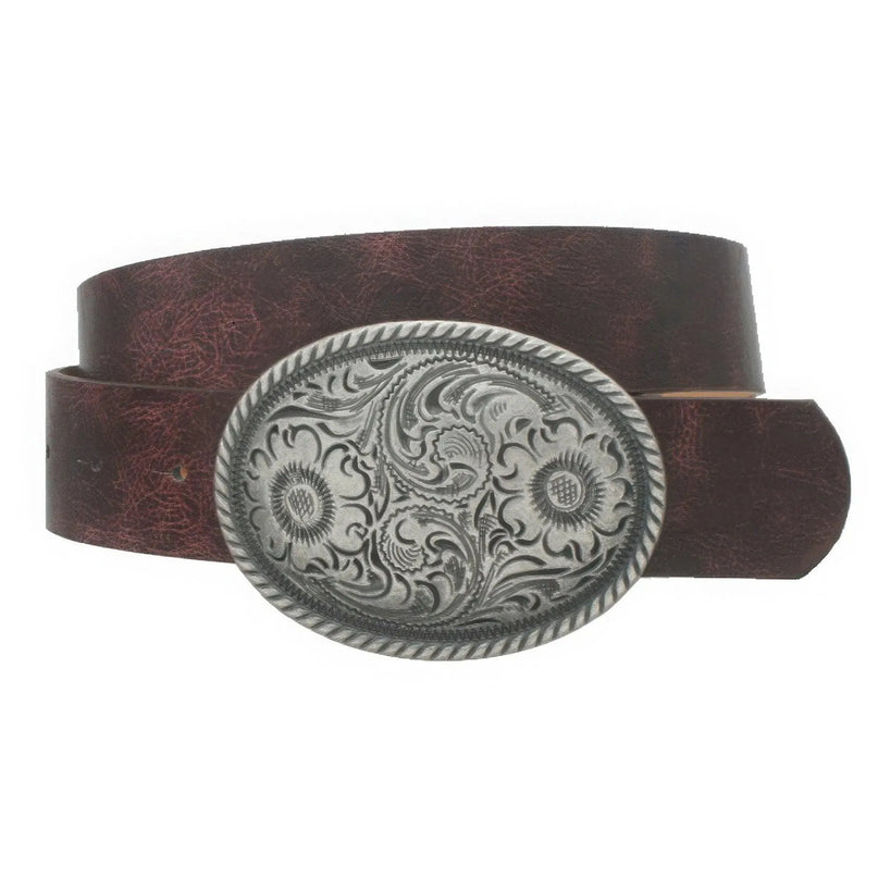 Flower Embossed Oval Buckle Vintage Strap Belt - ShopEasier