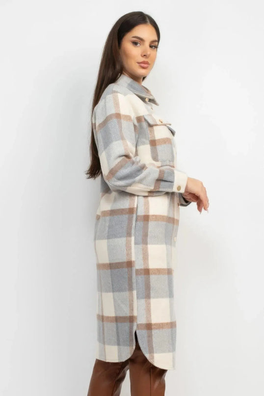 Plaid Buttoned Shacket Coat - ShopEasier