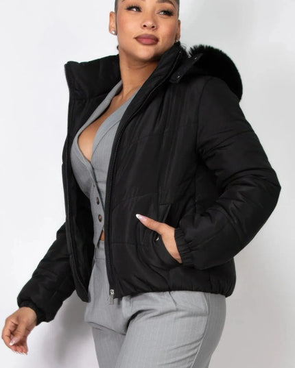 Insulated Zip-up Faux Fur Hooded Jacket - ShopEasier