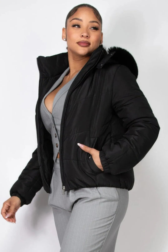 Insulated Zip-up Faux Fur Hooded Jacket - ShopEasier