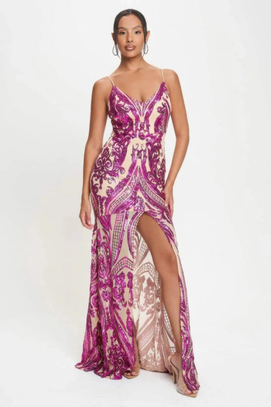 Spaghetti Strap Art Deco Sequins Maxi Dress - ShopEasier