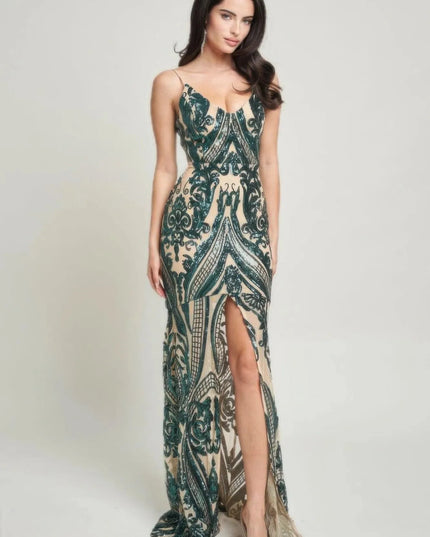 Spaghetti Strap Art Deco Sequins Maxi Dress - ShopEasier