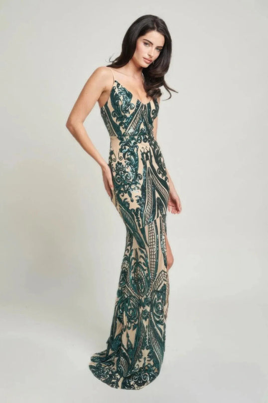 Spaghetti Strap Art Deco Sequins Maxi Dress - ShopEasier