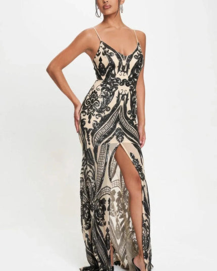 Spaghetti Strap Art Deco Sequins Maxi Dress - ShopEasier