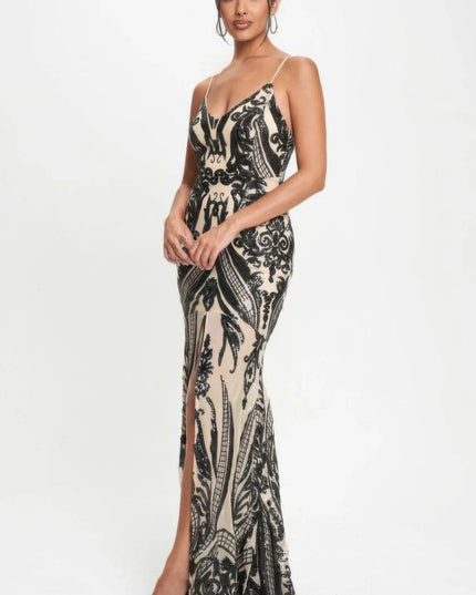 Spaghetti Strap Art Deco Sequins Maxi Dress - ShopEasier