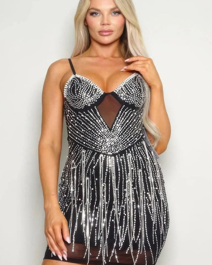 Spaghetti Strap Rhinestone Hot Fix Mini Dress - ShopEasier