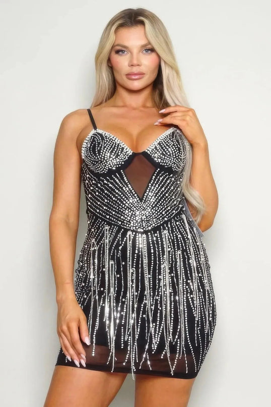 Spaghetti Strap Rhinestone Hot Fix Mini Dress - ShopEasier