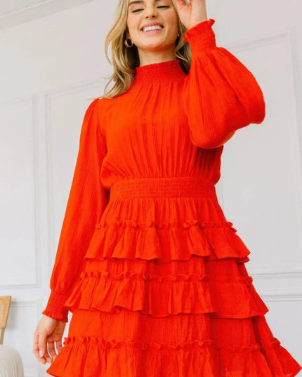 Long Sleeve Smocked Neck Tiered Ruffle Mini Dress - ShopEasier