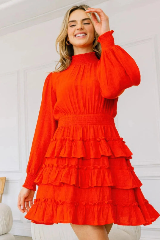 Long Sleeve Smocked Neck Tiered Ruffle Mini Dress - ShopEasier