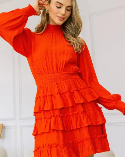 Long Sleeve Smocked Neck Tiered Ruffle Mini Dress - ShopEasier