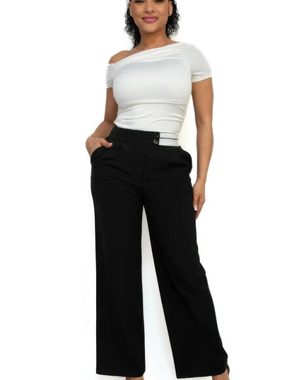 High-rise wide elastic contrast waist pants - ShopEasier